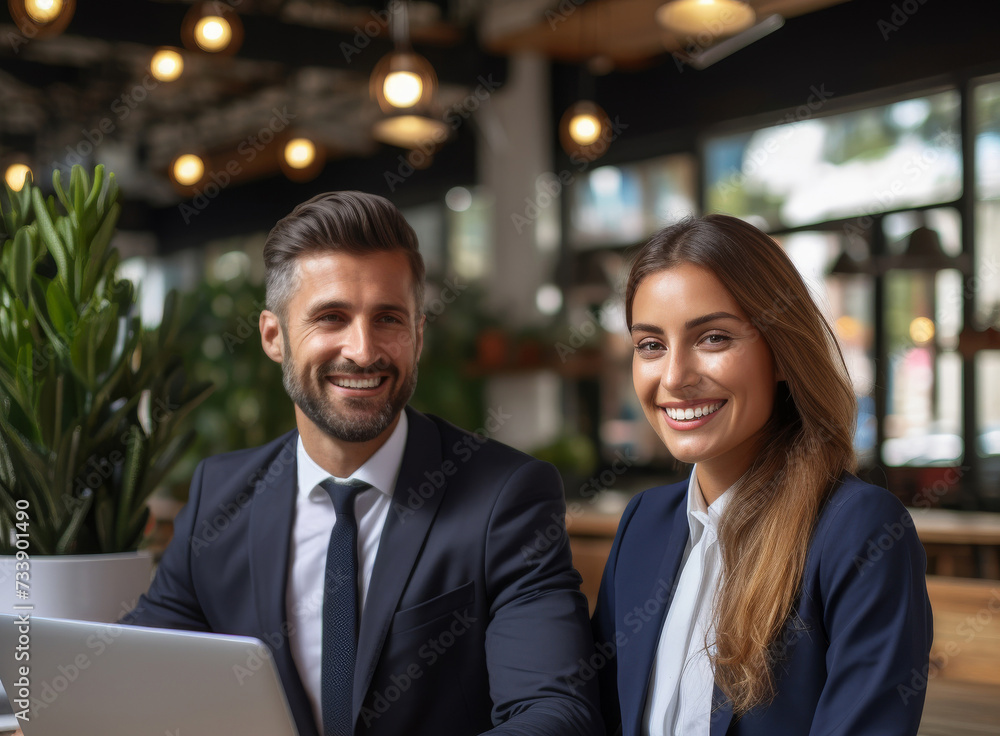 Amidst shared success, a group of business professionals gathers around a table with computer. Generative AI. Amidst shared success, a group of business professionals gathers around a table with computer. Generative AI.