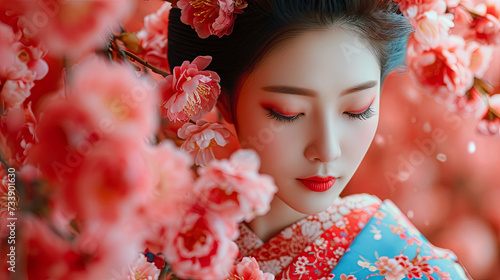 Asian woman on the sakura blossom background