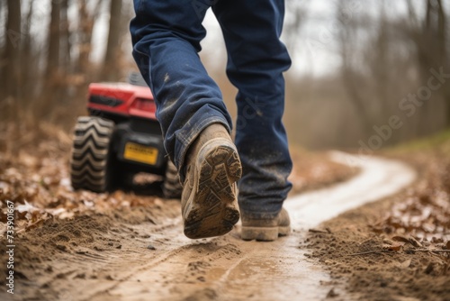 Close up of a man's foot walking on a muddy country road