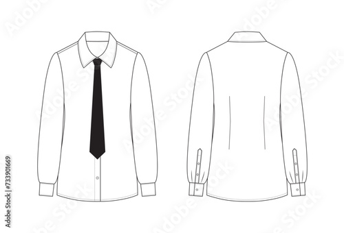 Vector fashion technical drawing of a classic button-down shirt with front and back view and a neck tie detail. Slim fit. Semi spread collar. Long sleeved. Back dart. Sleeve placket. Woven fabric.