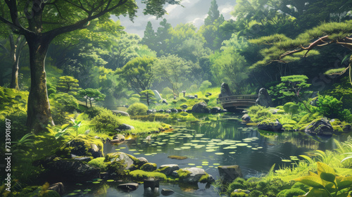 a beautiful japanese landscape scenic view in a green forest with plants and trees. anime comic manga artstyle. wallpaper background