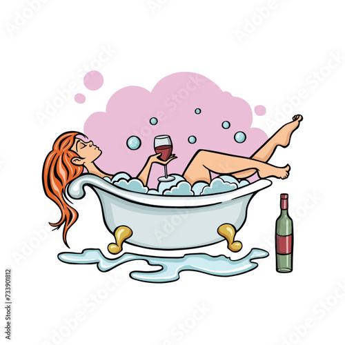 Woman having bath in bathtub with  wine glass and bubble. Girl relaxing in shampoo soap taking shower. Body care hygiene, healthy lifestyle.