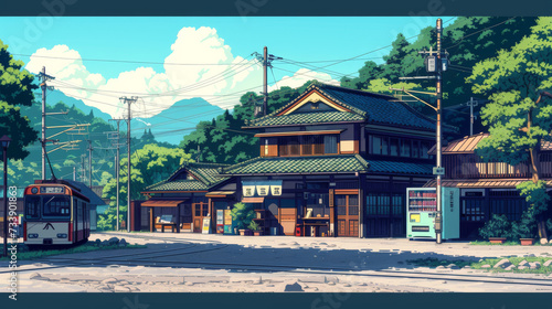 a beautiful japanese village city town in the morning. railway station with shop. anime comics artstyle. cozy lofi asian architecture