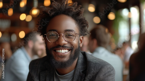 Portrait of smiling african american man with glasses in cafe