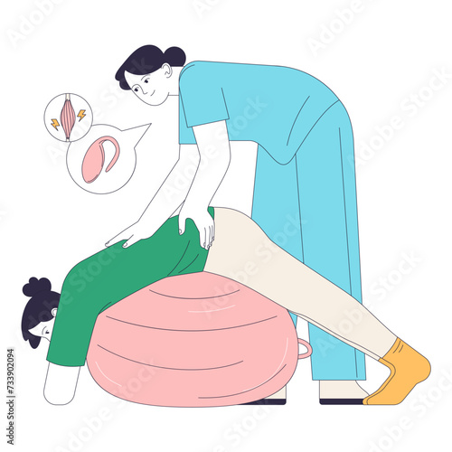 Pelvic floor strengthening. Trans woman gender affirmation bottom surgery recovery. Postpartum woman rehabilitation with physical therapy. Flat vector illustration.