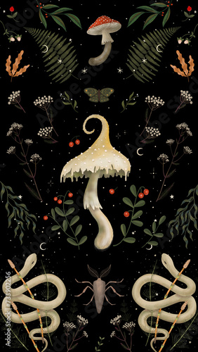 forest mushroom illustration on dark background. fly agaric and grebe. magical elements. ideal for printing on a calendar, fabric, postcard and design	
