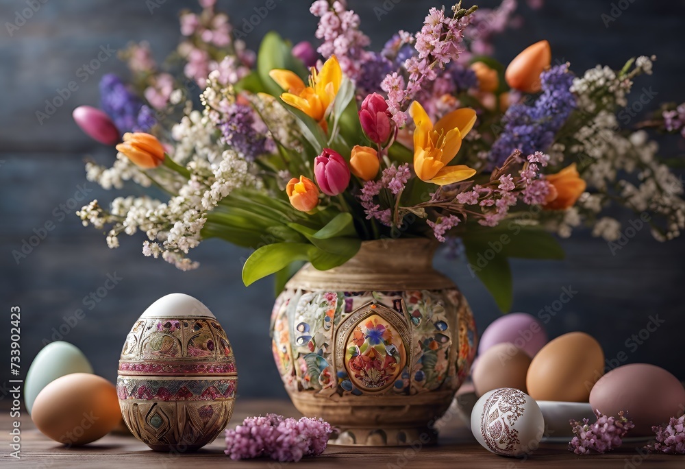 Beautiful vase with bright spring flowers in Boho style on a wooden background, bright Easter eggs near the vase in the foreground