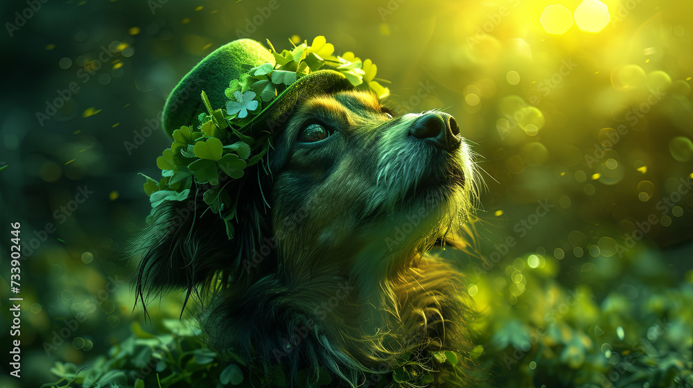 Obraz premium A dog in a green leprechaun hat. Happy Saint Patrick's Day