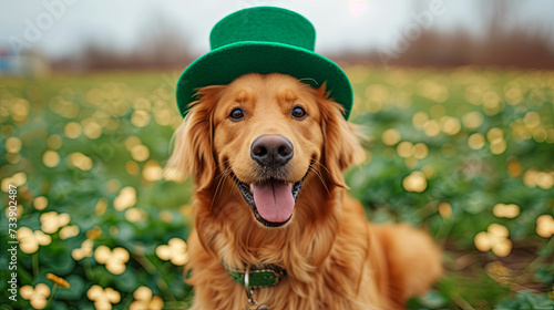A retriever dog in a green leprechaun hat. Happy Saint Patrick's Day
