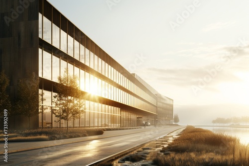 A road running in front of a big building with sun light shining on it. © imlane