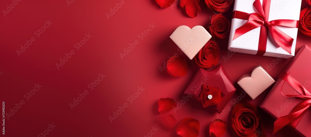 red rose flower with gift on red background
