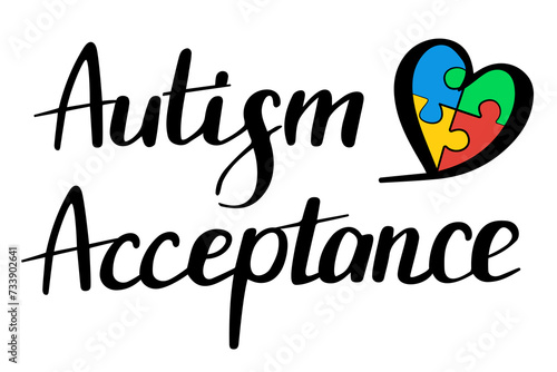 Autism acceptance lettering design vector isolated. Colorful design element for poster. Handwritten font, autistic disorder. Autism awareness day in April, puzzle pieces as a symbol of disease