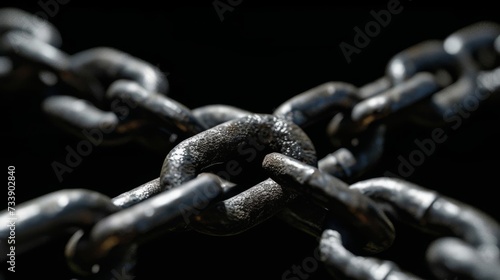 Closeup strong metal chain on a black background