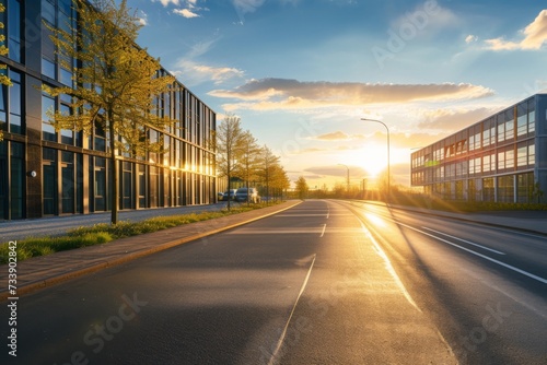 A road running in front of a big building with sun light shining on it.