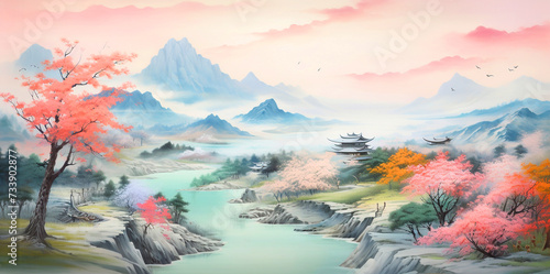 Paintings of mountains  rivers  cherry blossoms  and castles in the countryside. local way of life  rural scenery