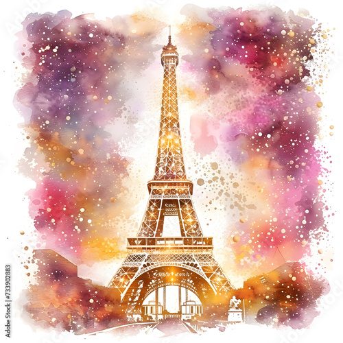 Watercolor Eiffel Tower with roses and paint splatter  © Oksana