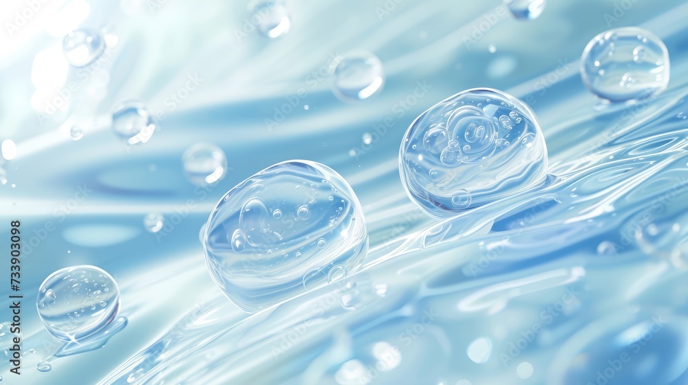 Hyaluronic acid molecules background. Water with bubbles, moisturiser, liquid, serum or toner banner. Hyaluron acids in chemical laboratory, beauty and cosmetics