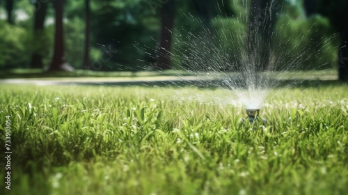 Close up of a garden sprinkler spraying water onto grass