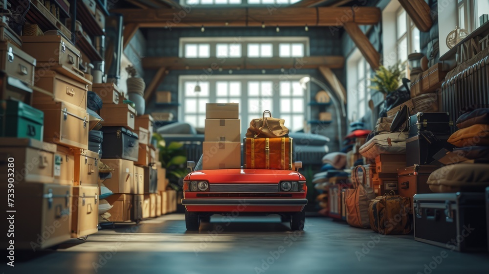 Vintage Toy Car with Gift Boxes, miniature vintage car laden with colorful gift boxes, surrounded by a nostalgic collection of suitcases, evoking the joy of gift-giving and the spirit of adventure