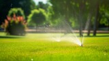 Close up of a garden sprinkler spraying water onto grass