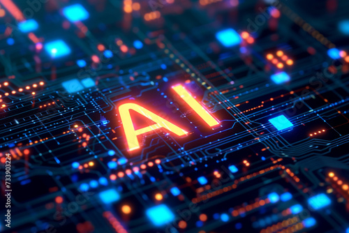 A holographic word "AI" integrated into a high-tech environment, holographic background