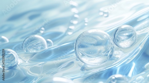 Hyaluronic acid molecules background. Water with bubbles, moisturiser, liquid, serum or toner banner. Hyaluron acids in chemical laboratory, beauty and cosmetics photo