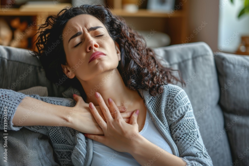 Woman experiencing heart, asthma, or panic attack at home. Woman experiencing heart, asthma, or panic attack at home.
