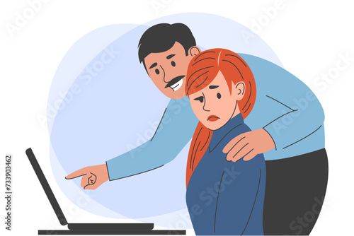 Sexual harassment in the office vector isolated. Employee suffering from abuse, unwanted attention from the boss. Man touching shoulder of female employee.
