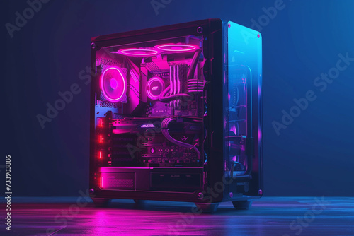 A detailed illustration of a gaming PC tower with a transparent side panel, gaming PC concept photo