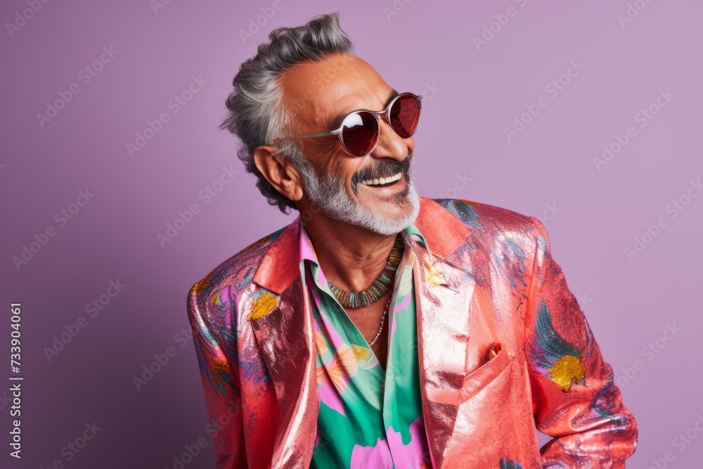 Portrait of a happy senior man in colorful clothes and sunglasses.