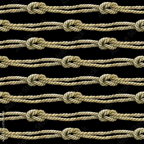Seamless pattern of rope cords with knots. Hand drawn illustration. Nautical thread whipcord with loop and noose. Hand painted watercolor on black background. For Print, wrapping, crafting.