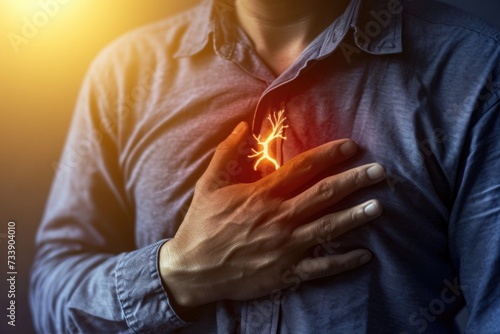 Man experiencing severe chest pain, heart attack symptom photo