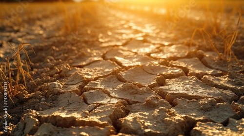 Sunset Over Cracked Dry Farmland, Golden sunlight washes over a parched field, highlighting the severe cracks in the dry soil, indicative of drought and agricultural challenges photo