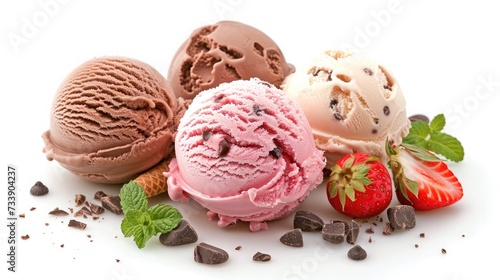 Chocolate ice cream strawberry ice cream vanilla ice cream scoop with cone isolated on white background.