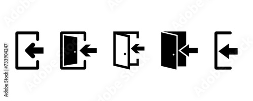 Set of exit vector icons set. Black door. Emergency exit. Open door. Vector 10 EPS.