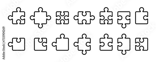 Set of linear puzzle vector icons set. Collection with line pieces puzzle. Black template of jigsaw parts.