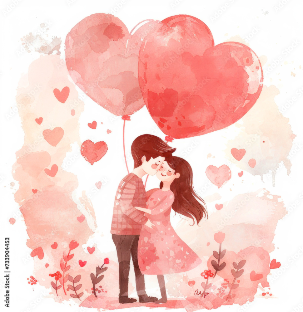 Artistic cute illustration of a couple surrounded by heart-shaped foliage and heart balloon for Valentine's Day. Love concept postcard.