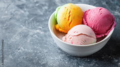 Colorful ive cream scoops in white bowl, copy space photo