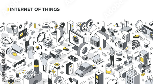 Internet of things. Smart devices connected to the Web of Things and communicating seamlessly. Future of connectivity through internet developments. Isometric illustration