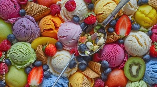 Fresh fruit with scoops of creamy speciality ice cream in assorted flavors with raspberry, berry, blueberry, strawberry, walnut , pistachio, chocolate, sugar cones and a scoop for serving from above photo