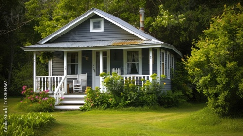 Grey small house with porch and white railings with summer landscape. photo