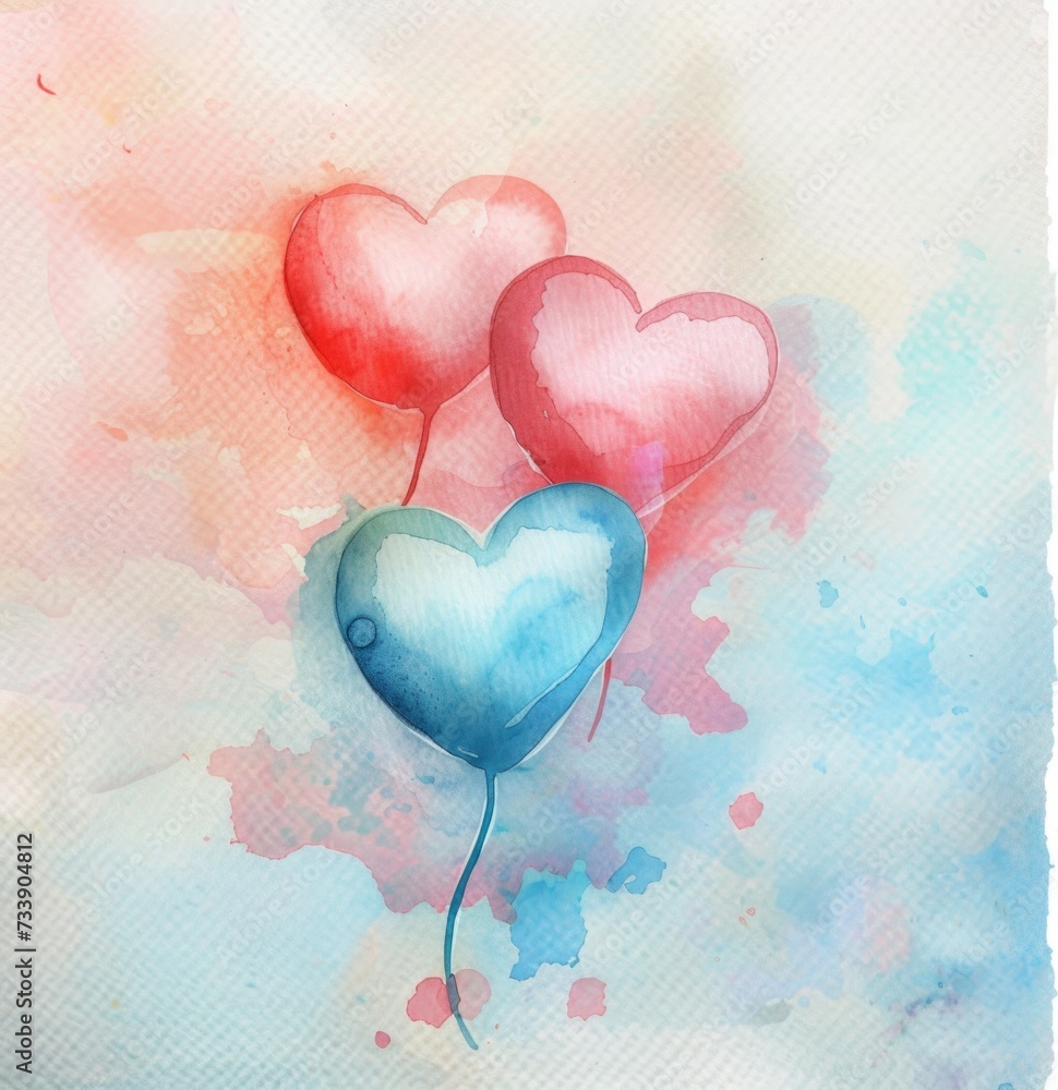 Artistic cute watercolor illustration about love heart-shaped  balloon for Valentine's Day. Love concept postcard.