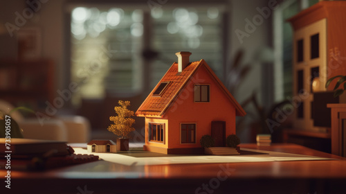 a concept 3d render model of a small living house on a table in a real estate agency. estate agent and the buyer clients signing mortgage contract document on the blurry background