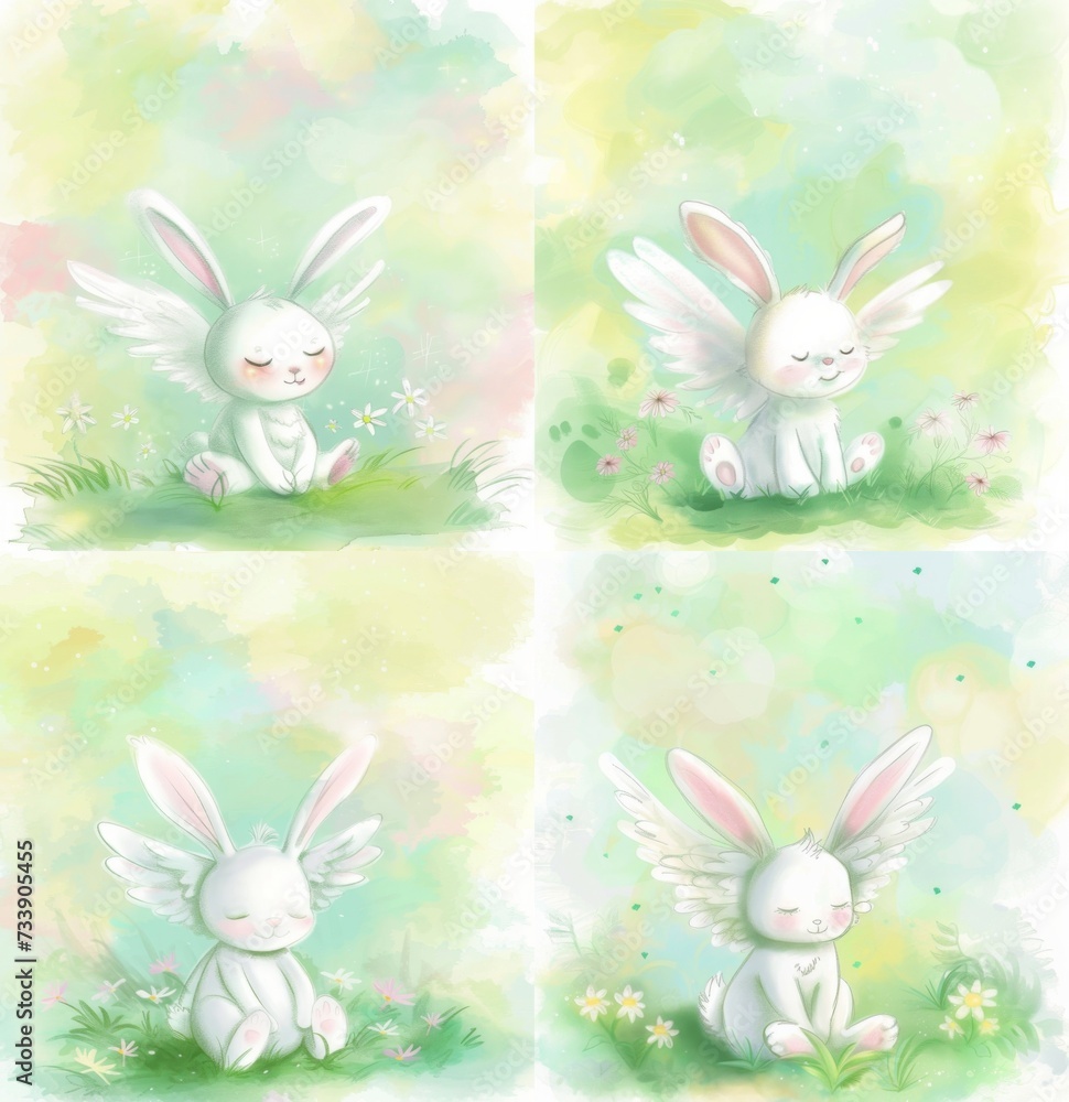 Happy Easter postcard. Whimsical illustration of a cute bunny with angel wings sitting in a serene spring garden. Cute children decor. Happy Easter postcard. Whimsical illustration of a cute bunny with angel wings sitting in a serene spring garden. Cute children decor.