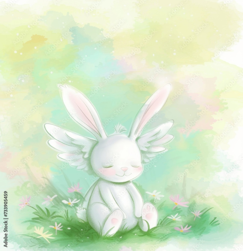 Happy Easter postcard. Whimsical illustration of a cute bunny with angel wings sitting in a serene spring garden. Cute children decor. Happy Easter postcard. Whimsical illustration of a cute bunny with angel wings sitting in a serene spring garden. Cute children decor.