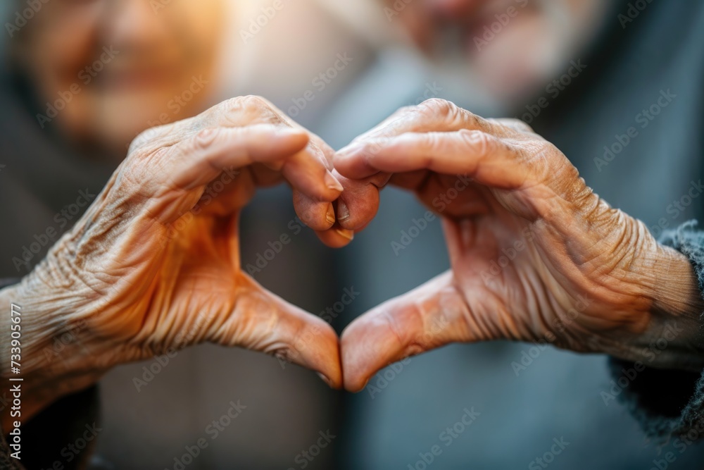 Fototapeta premium Senior couples hand heart gesture symbolizes love and relationships