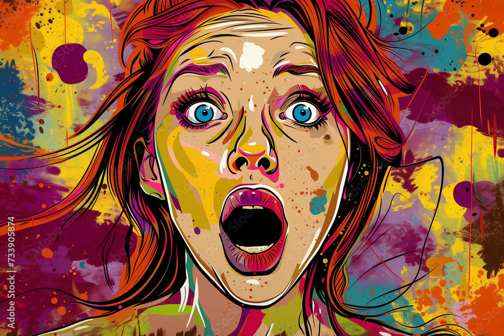 shocked, overwhelmed woman's face screaming with open mouth and swirling paint colours