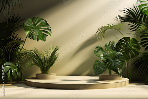 Podium Product Display Presentation with Sandstone and Plants