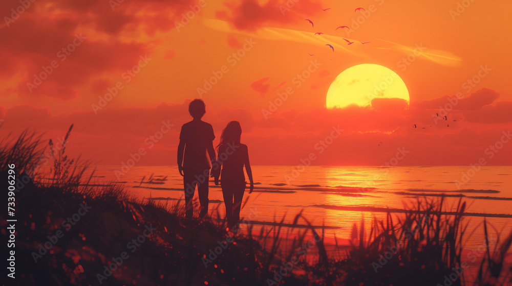 Fototapeta premium a cute romantic hetrosexual couple walking at a beach at sunset. photo taken behind from the back