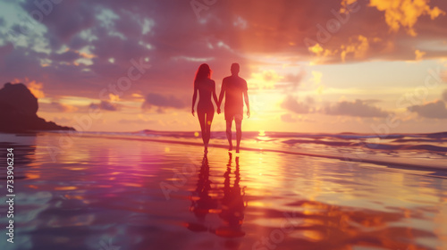 a cute romantic hetrosexual couple walking at a beach at sunset. photo taken behind from the back